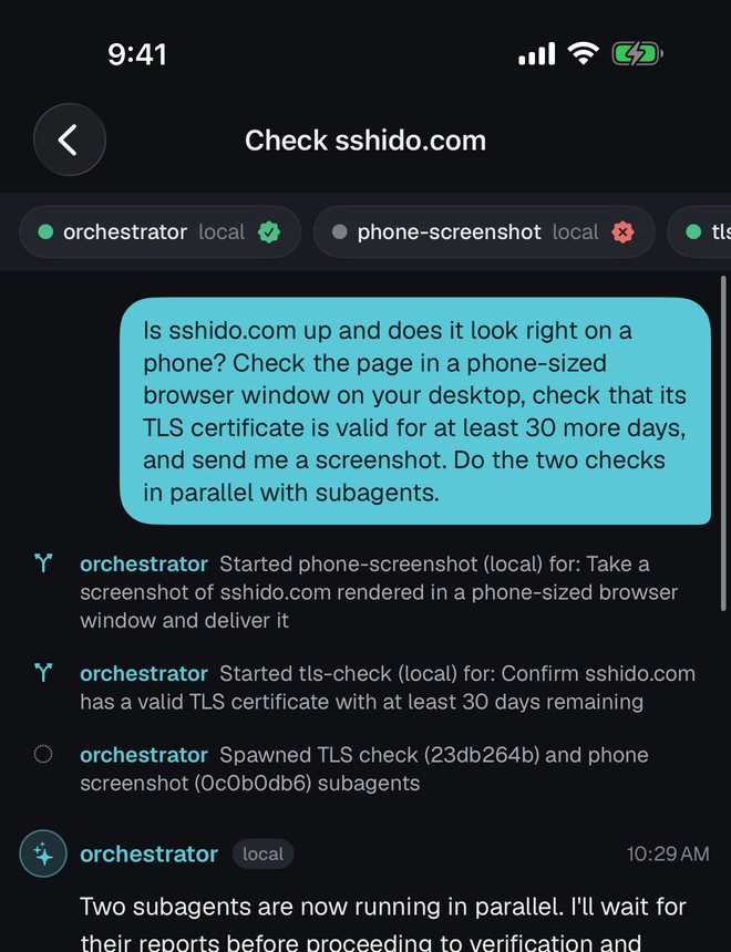 An agent chat in sshido: the person asks whether sshido.com is up, and the orchestrator starts two subagents in parallel, one for a TLS check and one for a phone-sized screenshot.