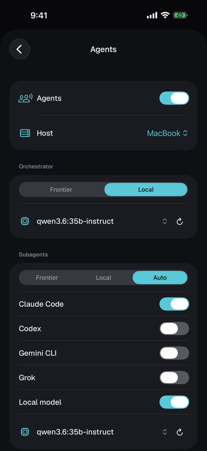 Agent settings in sshido: a local model for the orchestrator, and Claude Code plus a local model turned on for subagents.