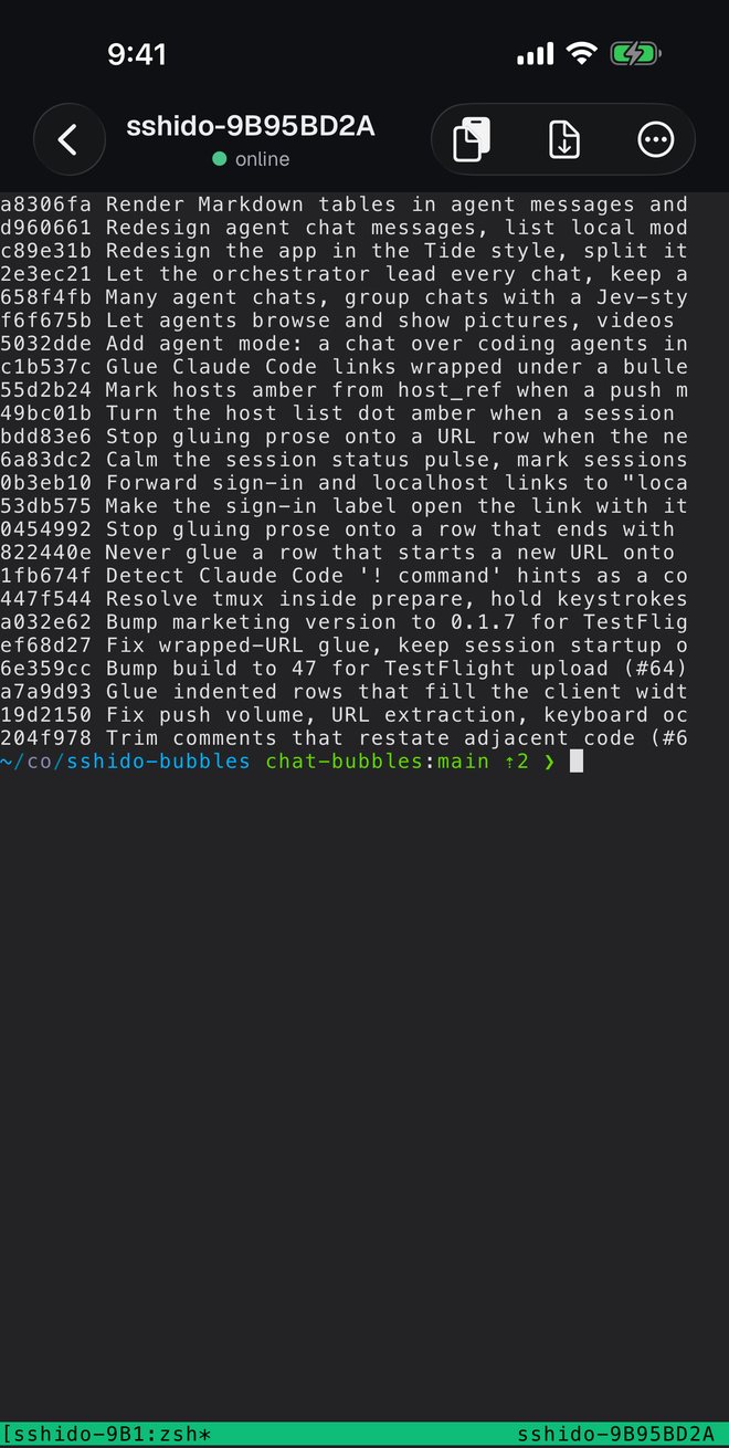 A tmux session in the sshido terminal showing a git log.